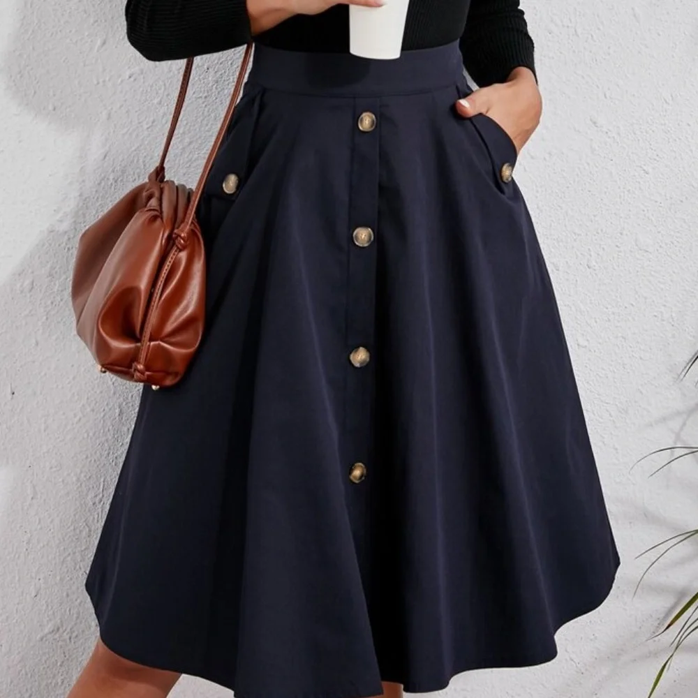 Classic Button Detail Pocket Flared Midi Skirt - Picture 6 of 14